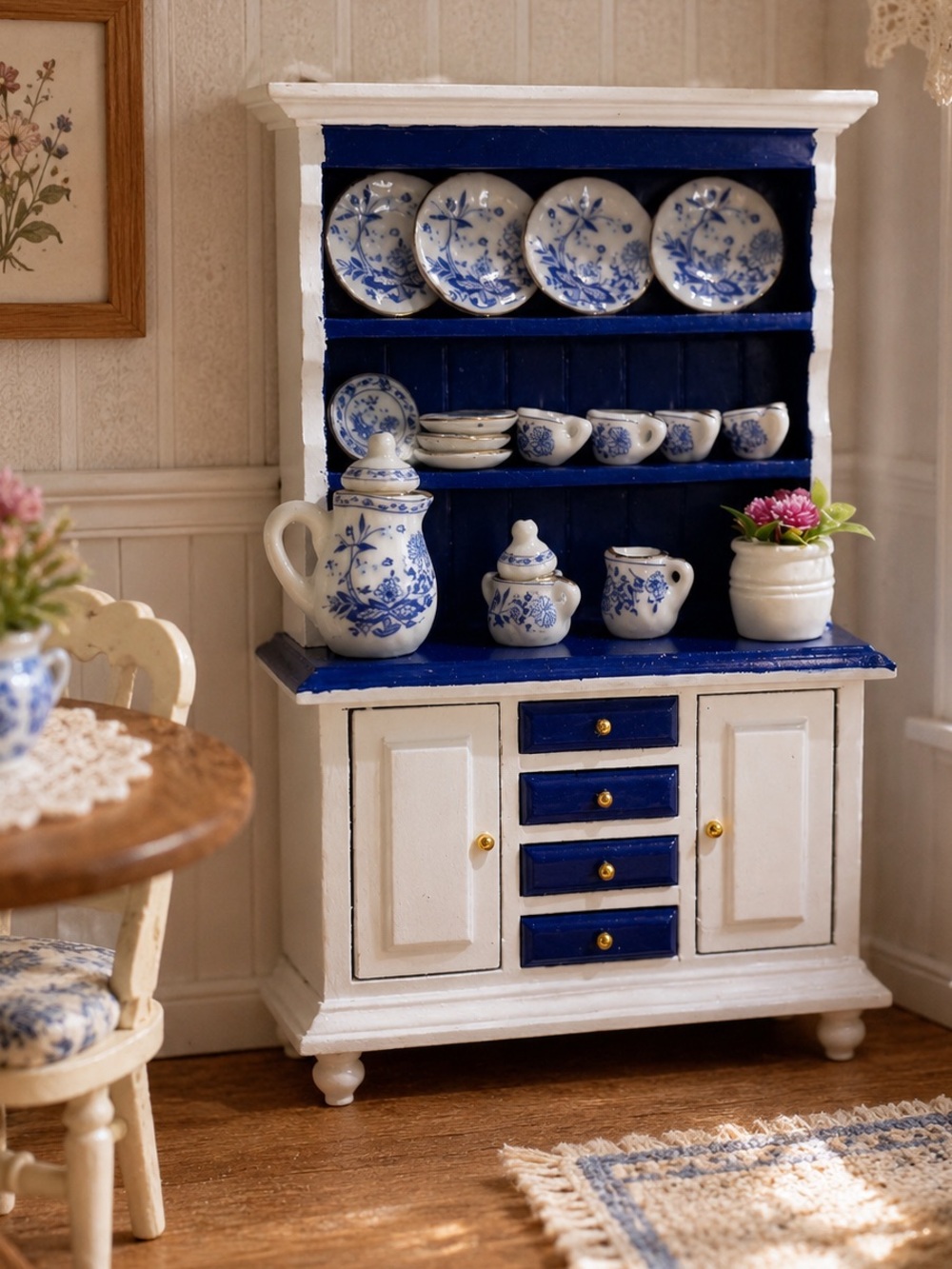 1:12 Dollhouse Miniature White Navy Hutch Floral Blue White Tea Set - Full Set